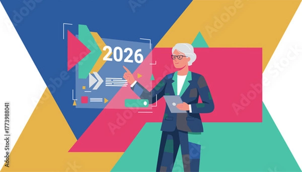 Obraz Professional woman reviewing 2026 forecast on a futuristic display setting business goals