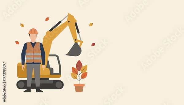 Obraz Construction worker and excavator machine flat illustration with autumn nature elements