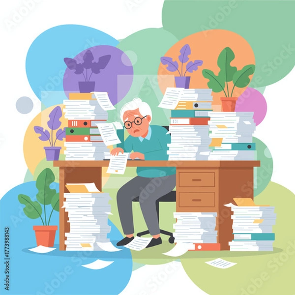 Obraz Overwhelmed senior man drowning in towering paperwork piles tax season bureaucracy high workload stress