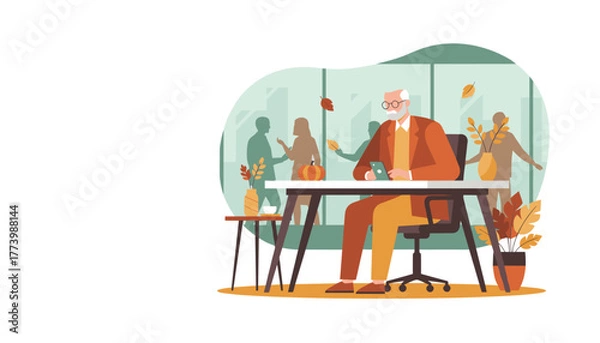 Obraz Senior businessman checks smartphone at his office desk during the autumn season