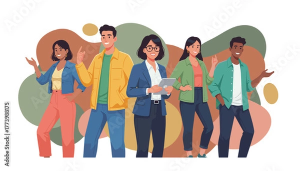 Obraz Diverse team collaborating pointing and using technology Modern business presentation illustration