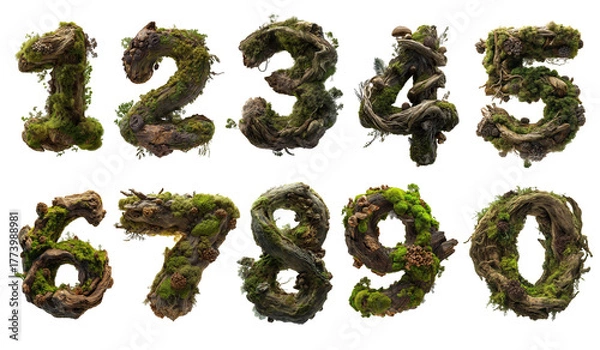 Fototapeta Nature-inspired moss numbers enchanted forest digital artwork vibrant greenery macro perspective eco-friendly concept for sustainable design