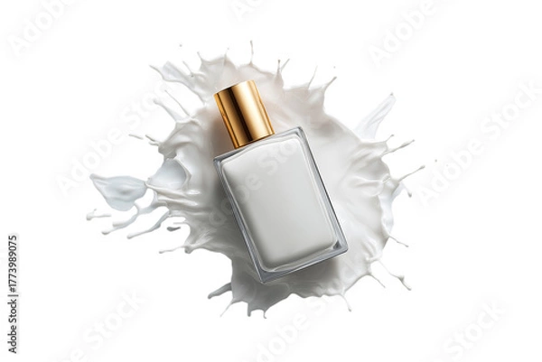 Fototapeta Elegant white perfume bottle surrounded by milk splash studio setting product photography minimalist environment top-down view luxury concept for branding