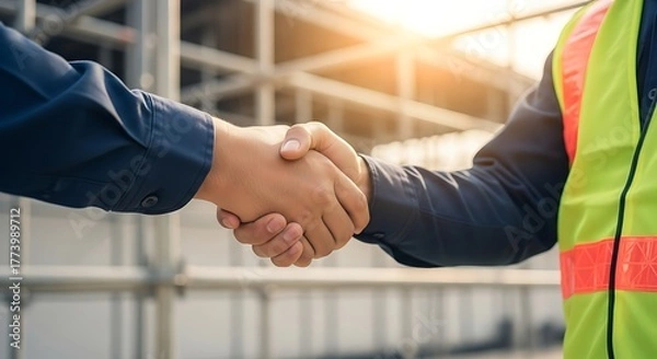 Fototapeta Two construction workers in hard hats and safety vests shaking hands firmly at a sunny outdoor building site symbolizing agreement and partnership