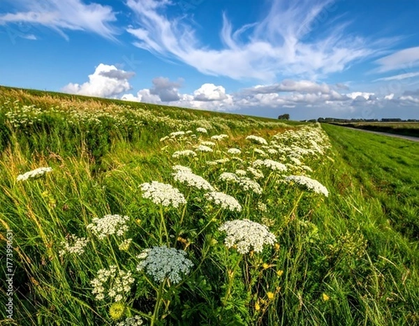 Obraz A bright field with white wildflowers and green grasses, under a partly cloudy blue sky