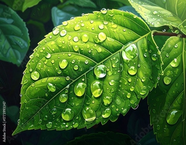 Obraz A bright green leaf covered in shimmering water droplets, set against lush foliage