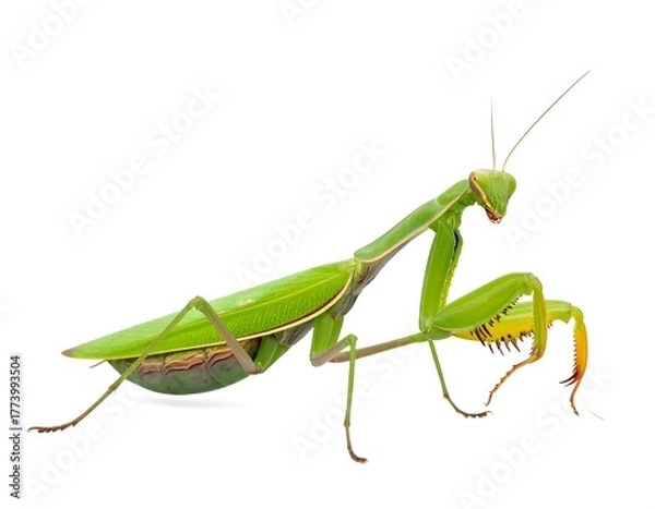 Obraz A bright green mantis stands poised against a white background, facing toward the left