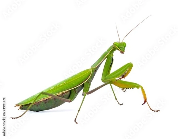 Obraz A bright green praying mantis stands out against a stark, pure white background