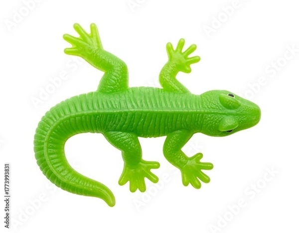 Obraz A bright green plastic lizard toy isolated on white, displaying its texture and form