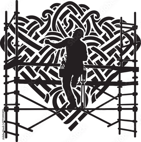 Fototapeta Silhouette of a Construction Worker on Scaffolding with Intricat