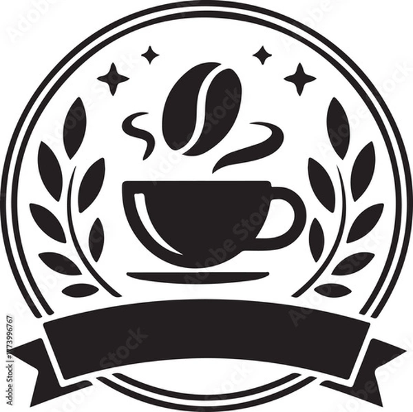 Fototapeta Emblematic coffee cup with bean and laurel wreath illustration