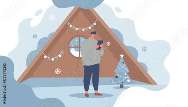 Fototapeta Young man using tablet near a decorated Aframe cabin during winter holidays