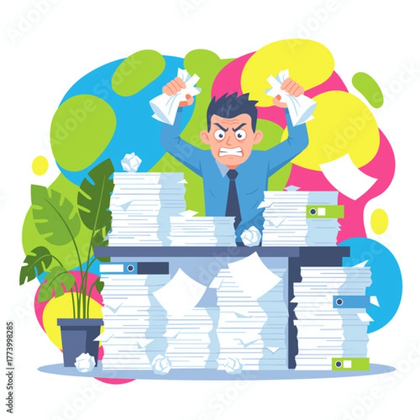 Fototapeta Angry office worker drowning in piles of documents Burnout frustration and excessive stress concept