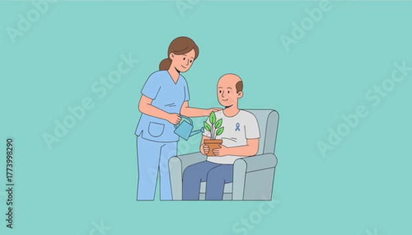 Fototapeta Caring nurse aids patient purple ribbon with growth symbolizing longterm health and support