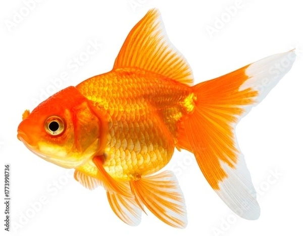 Obraz A bright orange goldfish swims, fins spread, scales catching light, against white