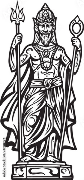 Fototapeta Monochrome depiction of a deity-like figure holding symbolic sta