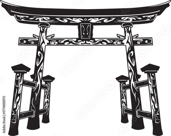 Fototapeta Stylized Tori Gate with Tribal Tattoo Art Elements on an Isolate