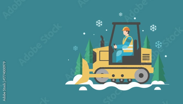 Obraz Operator driving a bulldozer clearing snow in a winter forest Heavy machinery illustration