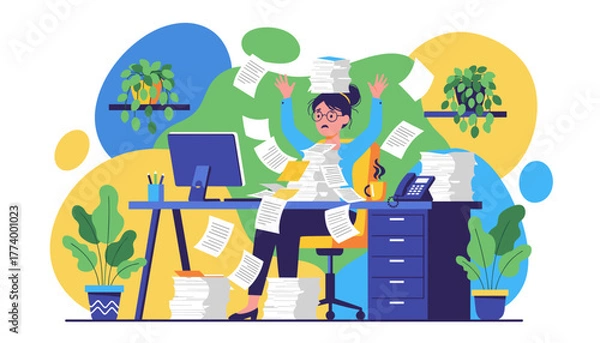 Obraz Overwhelmed office worker buried in paperwork Too much work causes stress and burnout