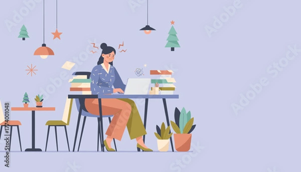 Obraz Overwhelmed woman at her desk suffering from burnout due to heavy workload and deadlines