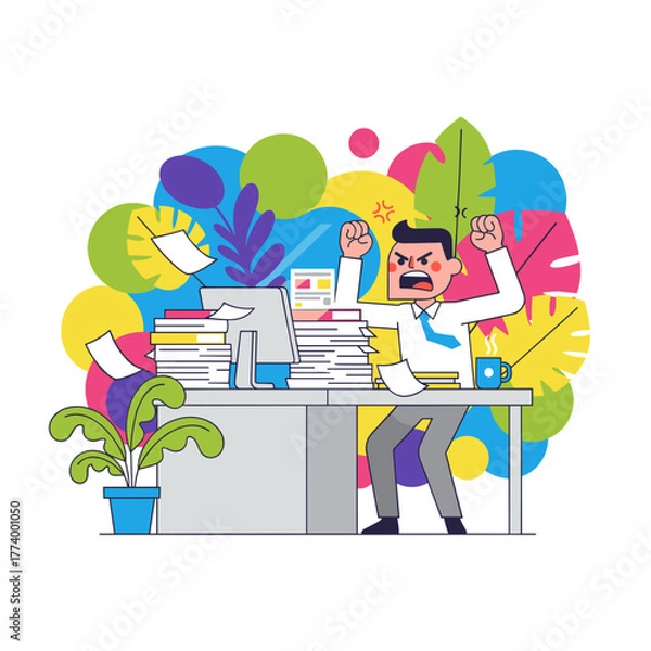 Obraz Businessman stressed overwhelmed by massive paperwork stack Work overload and anger
