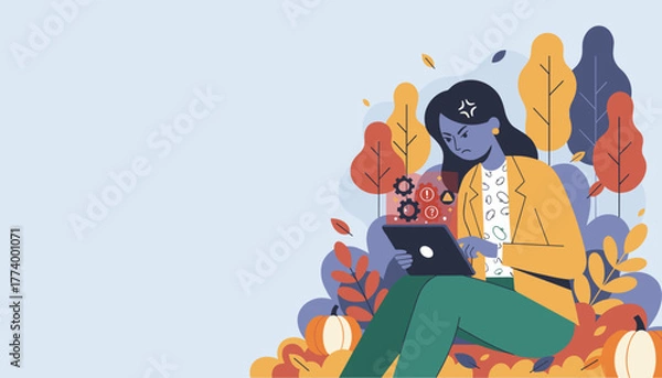 Obraz Frustrated woman dealing with technical errors on a tablet outdoors in autumn leaves Business failure concept