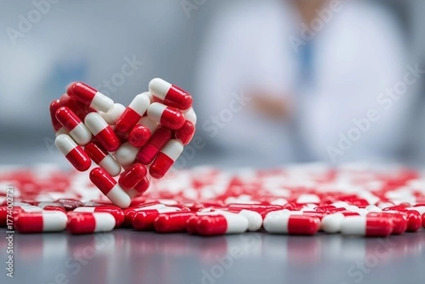 Fototapeta Healthcare action heart-shaped red and white capsules laboratory setting close-up photography emphasizing pharmacy innovation