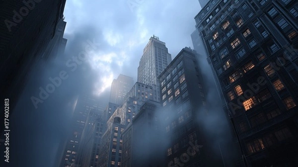 Fototapeta Urban foggy skyline enigmatic city architecture new york photo evening atmosphere low angle view mystery and serenity in urban life