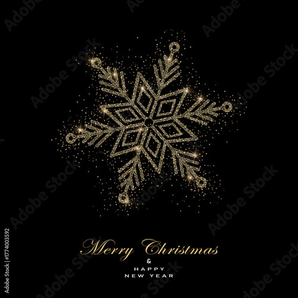 Fototapeta Greeting card with christmas  snowflake made from gold glitter on dark background.New year them. Vector illustration