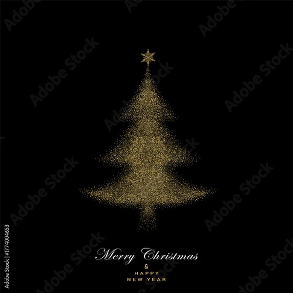 Fototapeta Greeting card with gold glitter Christmas  tree on red background. Vector illustration. Gold pattern