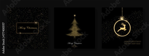 Fototapeta Pack of festive greeting cards with Christmas  ball, dear, christmas tree on black background. Holiday pattern. Vector illustratio
