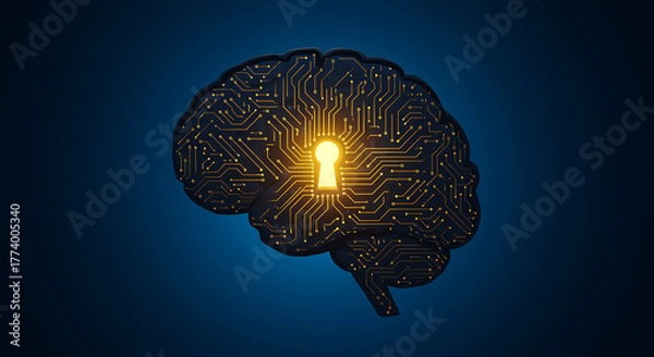 Fototapeta Black brain with glowing yellow circuit board and keyhole