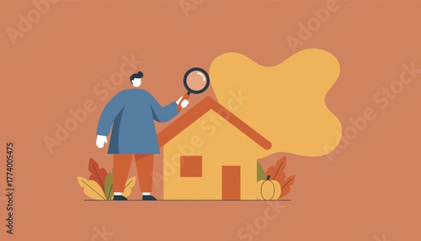 Obraz Real estate inspection concept Person uses a magnifying glass to evaluate a house in autumn setting