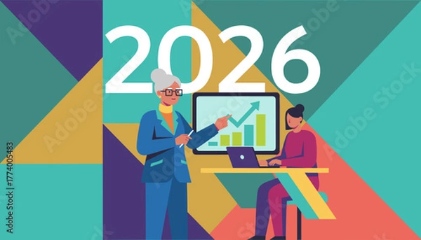 Obraz Senior manager presents 2026 annual business growth projection to colleague Flat vector illustration