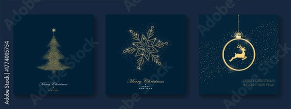 Fototapeta Pack of festive greeting cards with Christmas  ball, dear, christmas tree and snowflake on dark green background. Holiday pattern. Vector illustratio