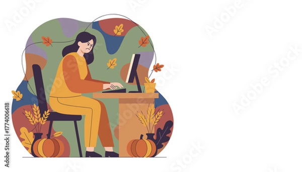 Obraz Frustrated woman working on computer in an autumn home office Seasonal burnout and stress