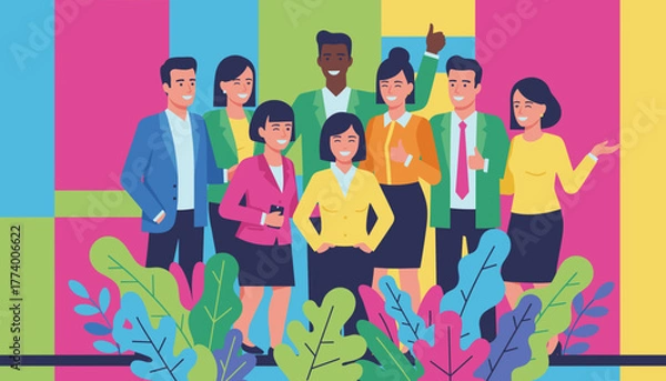 Obraz Cheerful diverse business team illustration celebrating achievement and corporate collaboration
