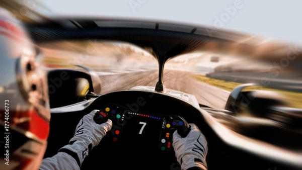 Fototapeta Point of view of a formula 1 race car driver at high speed on track.
