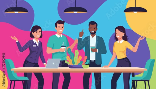 Fototapeta Diverse business team meeting and brainstorming in a vibrant colorful office space Collaboration concept