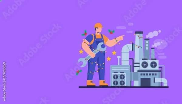 Fototapeta Festive industrial worker with wrench points to holidaydecorated factory