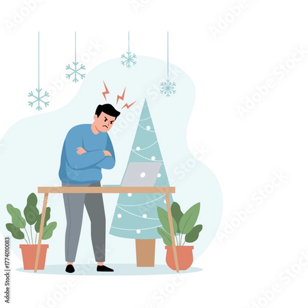 Fototapeta Angry man working during the holidays Stress and workload frustration near Christmas