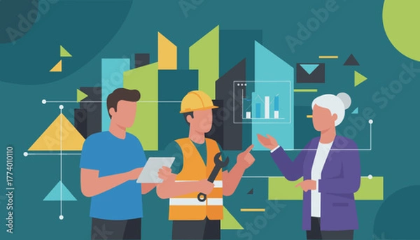 Fototapeta Diverse professionals discussing construction project data and progress