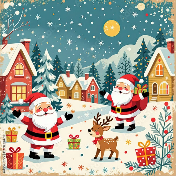 Fototapeta Playful, quirky characters Christmas vector doodles, with whimsical vintage flair,  like smiling Santas, and reindeer, in a fairy village, white background.eps
