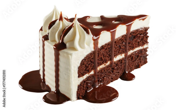 Obraz Slice of Chocolate Cake with isolate on transparent background White Frosting and Drizzle dessert sweet