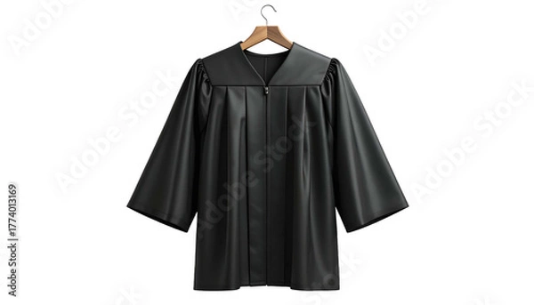 Obraz Studio shot of a black judge's robe with wide sleeves hanging on a wooden hanger
