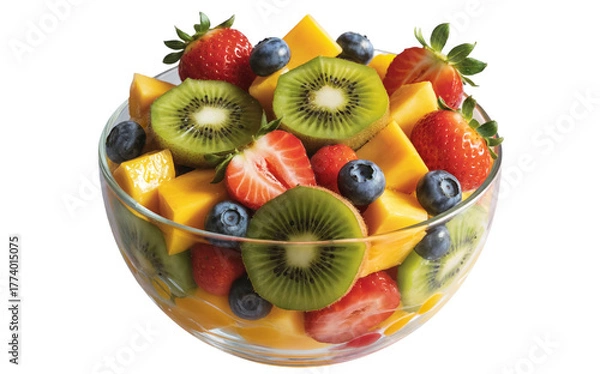 Obraz Fresh Fruit Salad in Glass Bowl with Strawberries Blueberries and Kiwi isolate on transparent background
