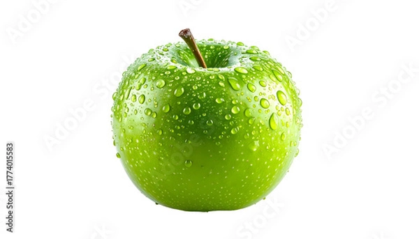 Fototapeta A single, shiny green apple with water droplets, isolated on a black background