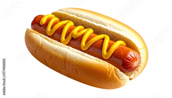 Fototapeta Isolated overhead shot of a classic hot dog with mustard on a soft, fluffy bun