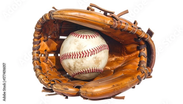 Fototapeta Leather baseball glove cradling a well-worn baseball with red stitching
