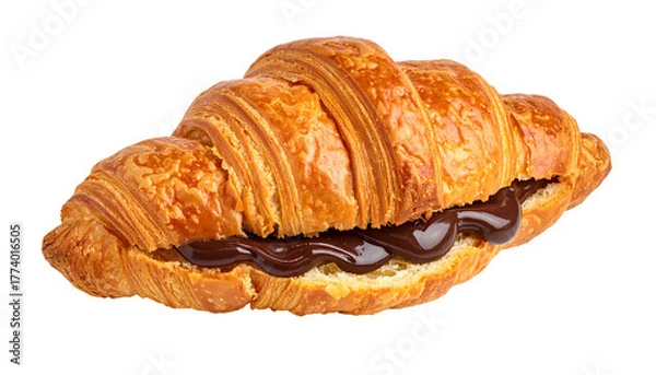 Fototapeta Golden, flaky croissant sliced and filled with a thick, glossy, chocolate spread